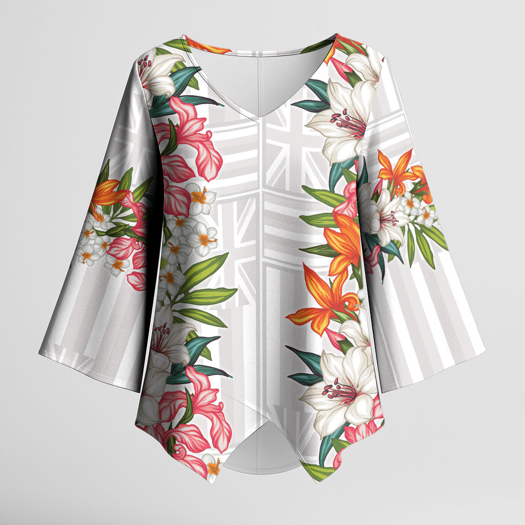 Hawaii Tropical Twist Lei Kimono Sleeve Blouse Hawaiian Flag Motif LT9 Female White - Polynesian Pride