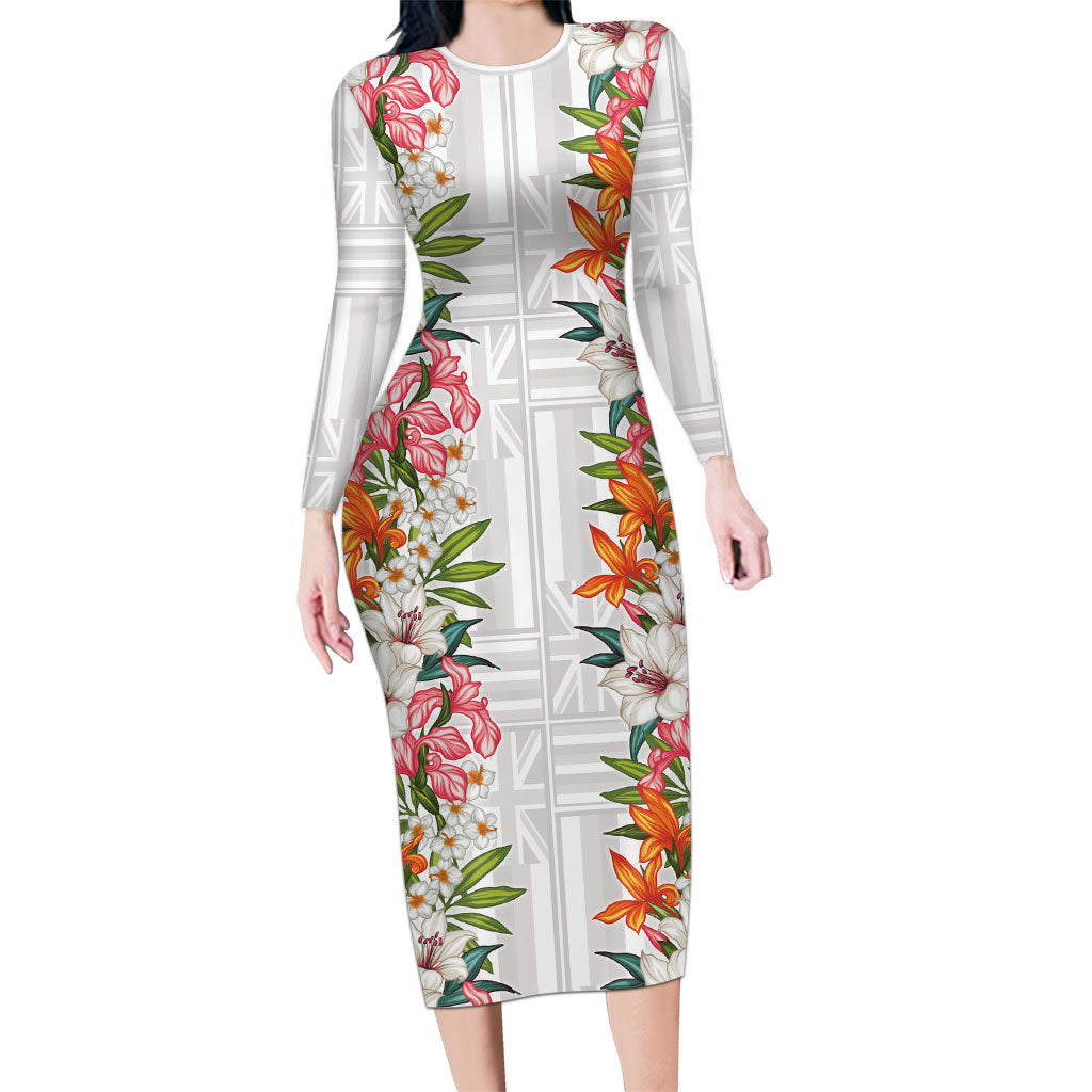 Hawaii Tropical Twist Lei Long Sleeve Bodycon Dress Hawaiian Flag Motif LT9 Long Dress White - Polynesian Pride