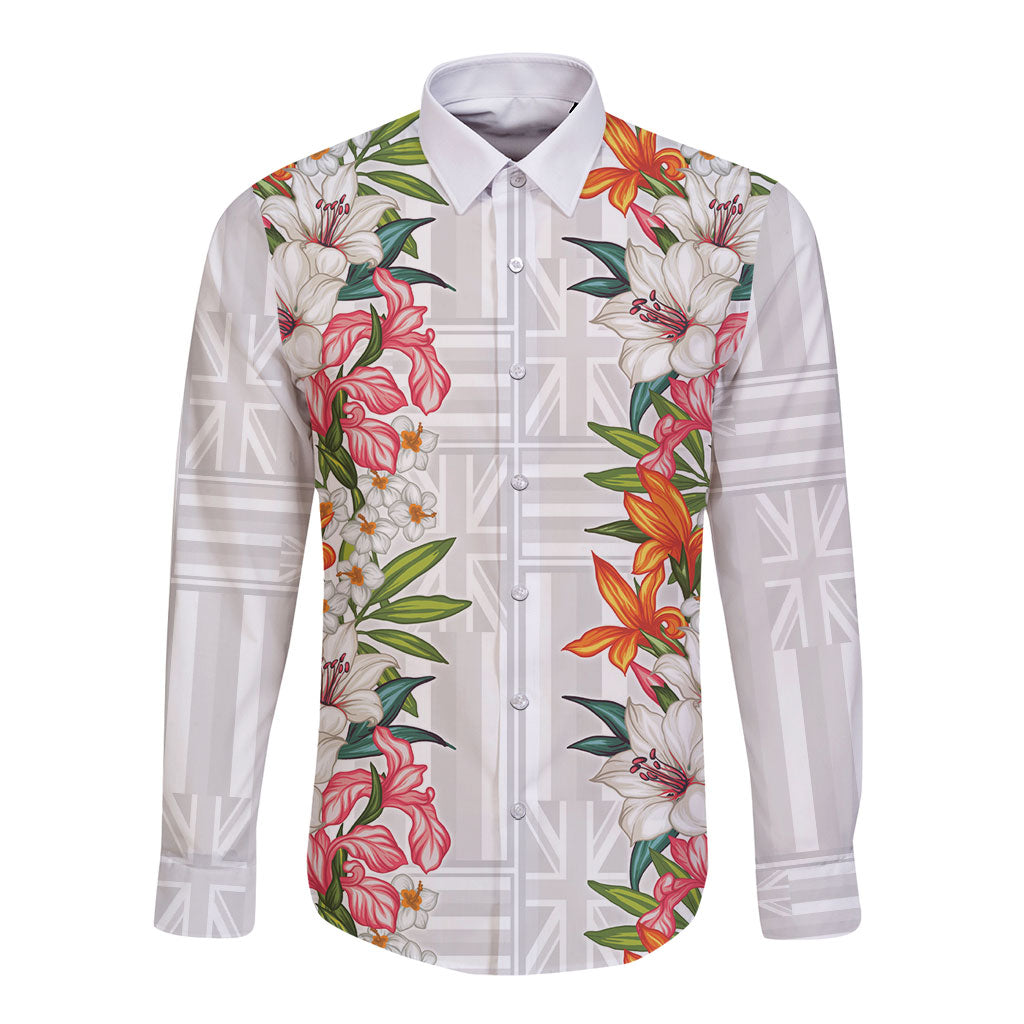 Hawaii Tropical Twist Lei Long Sleeve Button Shirt Hawaiian Flag Motif LT9 Unisex White - Polynesian Pride