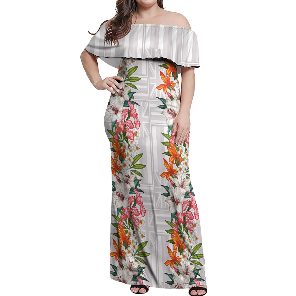 Hawaii Tropical Twist Lei Off Shoulder Maxi Dress Hawaiian Flag Motif LT9 Women White - Polynesian Pride