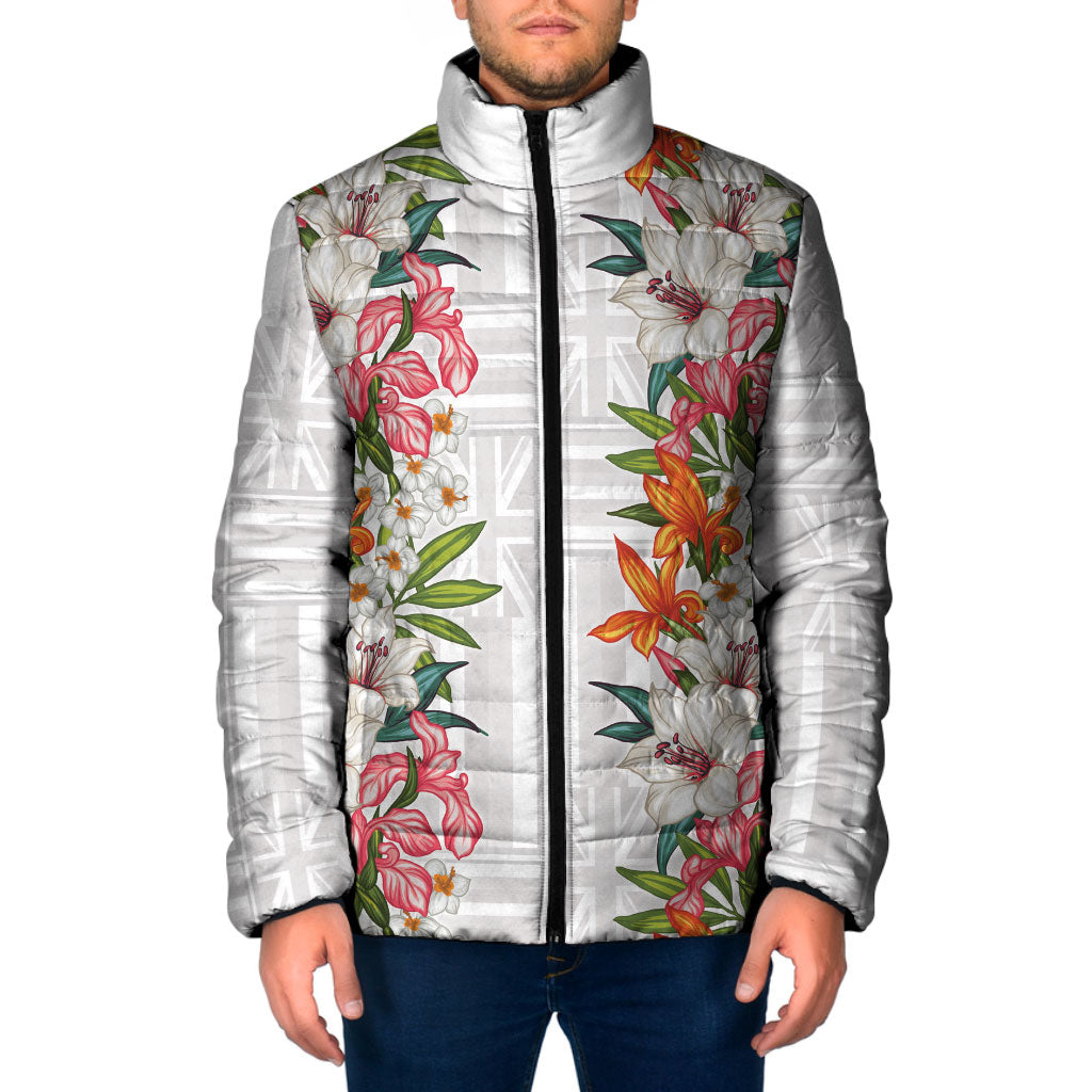 Hawaii Tropical Twist Lei Padded Jacket Hawaiian Flag Motif LT9 Men White - Polynesian Pride