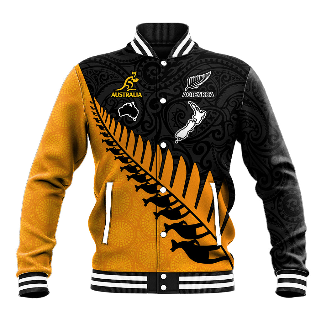 Australia Wallabies and Aotearoa Rugby Baseball Jacket Kangaroo Black Fern Maori Gold Vibe LT9 Unisex Gold - Polynesian Pride