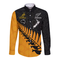 Australia Wallabies and Aotearoa Rugby Long Sleeve Button Shirt Kangaroo Black Fern Maori Gold Vibe LT9 Unisex Gold - Polynesian Pride