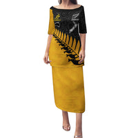 Australia Wallabies and Aotearoa Rugby Puletasi Kangaroo Black Fern Maori Gold Vibe LT9 Long Dress Gold - Polynesian Pride