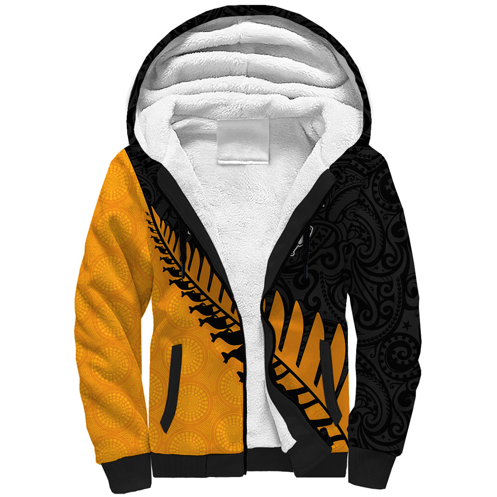 Australia Wallabies and Aotearoa Rugby Sherpa Hoodie Kangaroo Black Fern Maori Gold Vibe LT9 Unisex Gold - Polynesian Pride