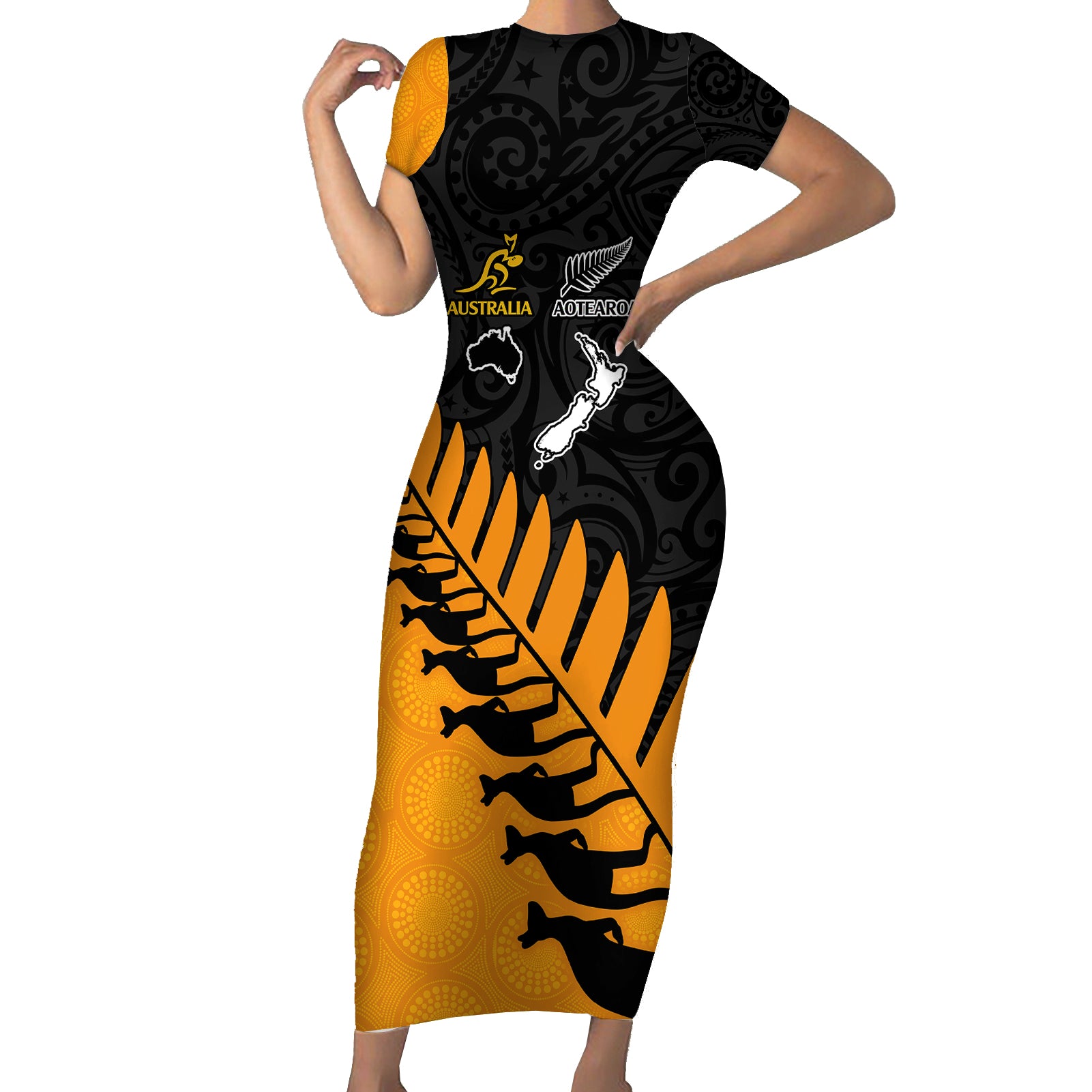 Australia Wallabies and Aotearoa Rugby Short Sleeve Bodycon Dress Kangaroo Black Fern Maori Gold Vibe LT9 Long Dress Gold - Polynesian Pride