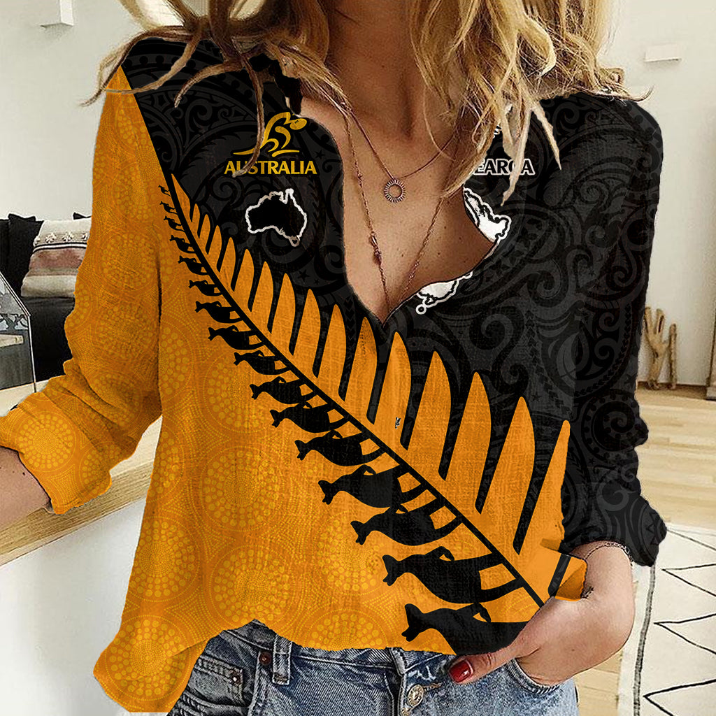 Australia Wallabies and Aotearoa Rugby Women Casual Shirt Kangaroo Black Fern Maori Gold Vibe LT9 Female Gold - Polynesian Pride