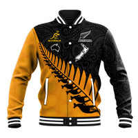Custom Australia Wallabies and Aotearoa Rugby Baseball Jacket Kangaroo Black Fern Maori Gold Vibe LT9 Unisex S Gold - Polynesian Pride