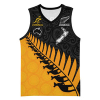 Australia New Zealand Rugby Basketball Jersey Gold Aboriginal Wallabies and Maori Black Fern - Polynesian Pride