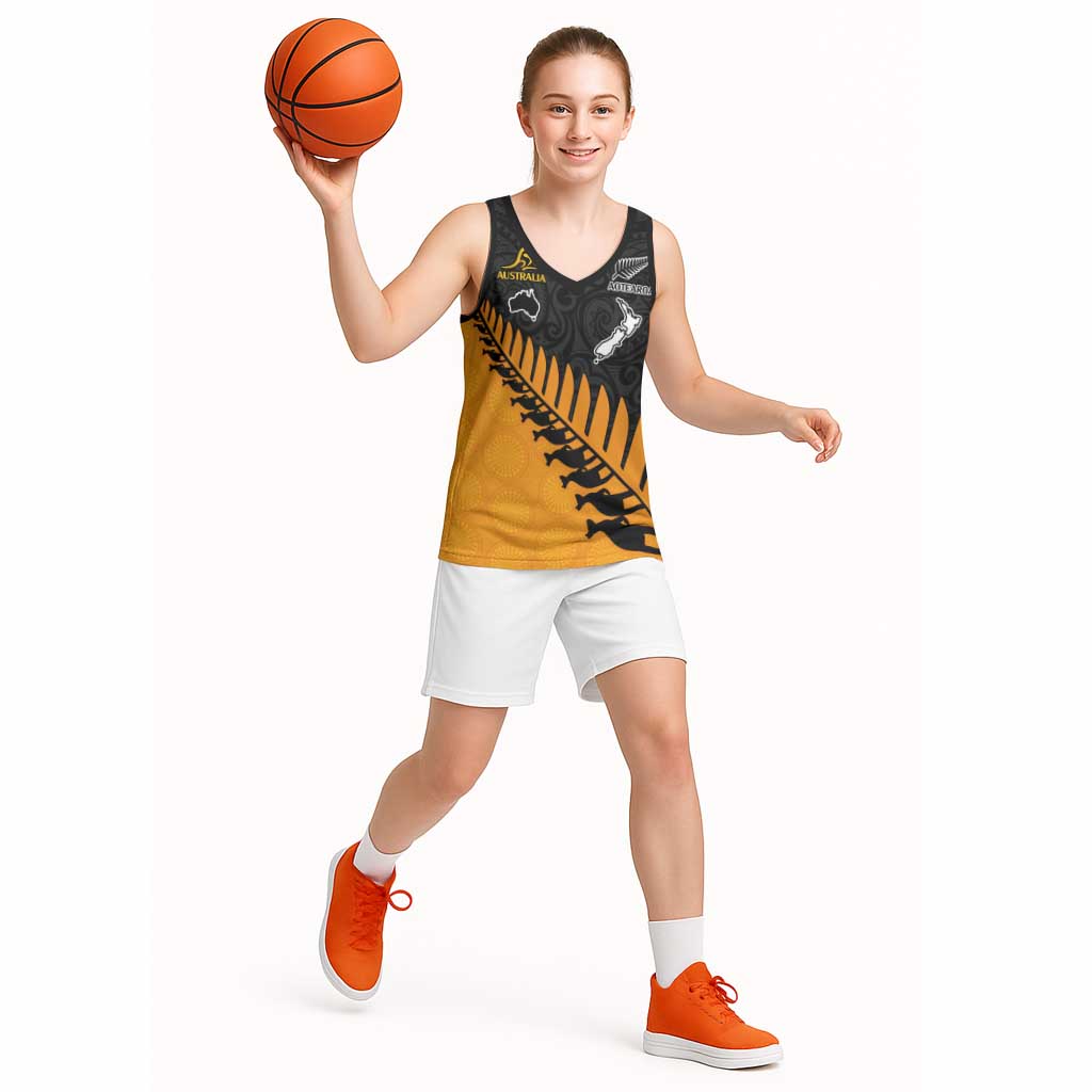 Australia New Zealand Rugby Basketball Jersey Gold Aboriginal Wallabies and Maori Black Fern - Polynesian Pride