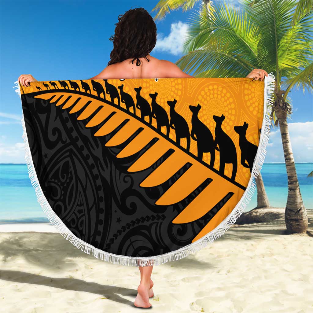 Australia New Zealand Rugby Beach Blanket Gold Aboriginal Wallabies and Maori Black Fern - Polynesian Pride