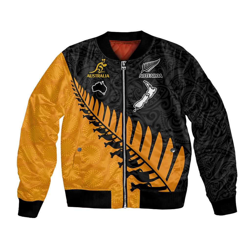 Custom Australia Wallabies and Aotearoa Rugby Bomber Jacket Kangaroo Black Fern Maori Gold Vibe LT9 Unisex S Gold - Polynesian Pride