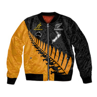 Custom Australia Wallabies and Aotearoa Rugby Bomber Jacket Kangaroo Black Fern Maori Gold Vibe LT9 Unisex Gold - Polynesian Pride
