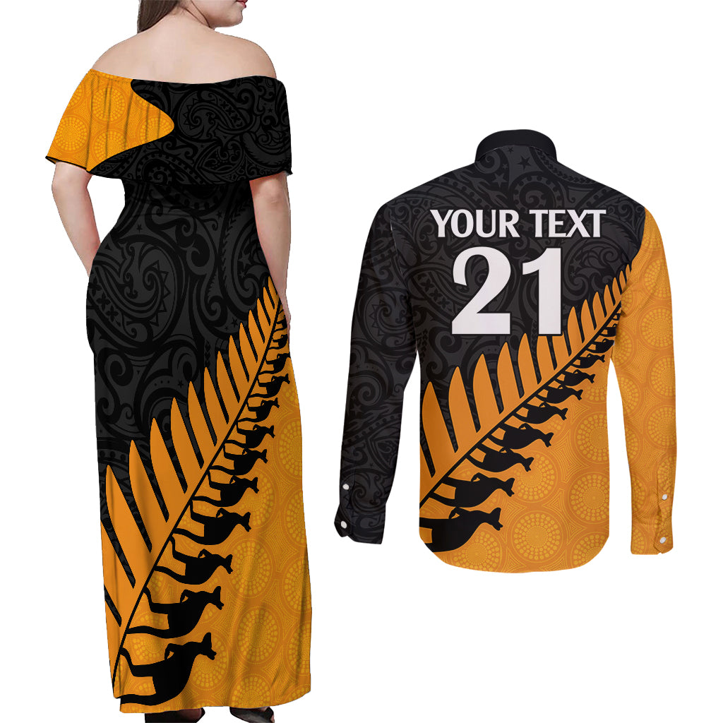 Custom Australia Wallabies and Aotearoa Rugby Couples Matching Off Shoulder Maxi Dress and Long Sleeve Button Shirts Kangaroo Black Fern Maori Gold Vibe LT9 - Polynesian Pride