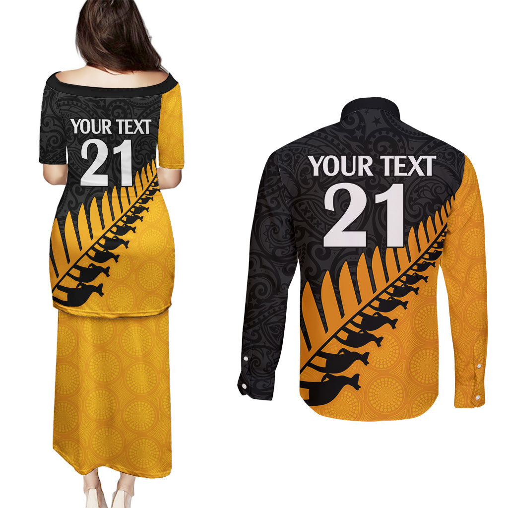 Custom Australia Wallabies and Aotearoa Rugby Couples Matching Puletasi Dress and Long Sleeve Button Shirts Kangaroo Black Fern Maori Gold Vibe LT9 - Polynesian Pride