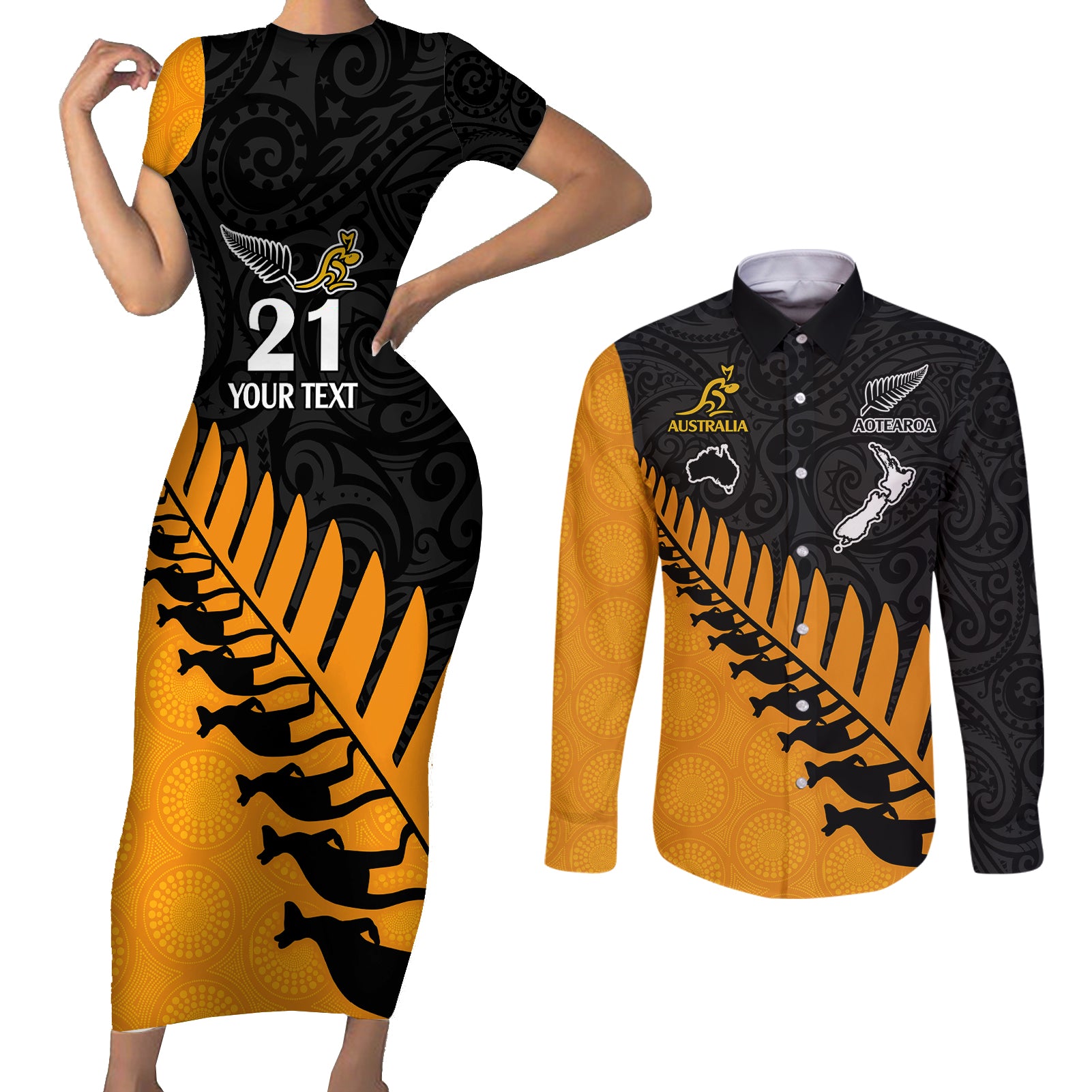 Custom Australia Wallabies and Aotearoa Rugby Couples Matching Short Sleeve Bodycon Dress and Long Sleeve Button Shirts Kangaroo Black Fern Maori Gold Vibe LT9 Gold - Polynesian Pride