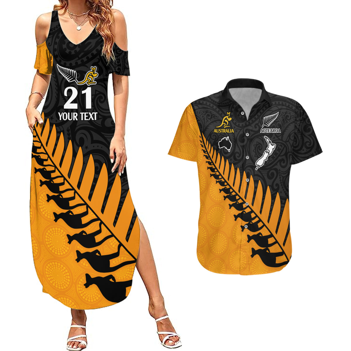 Custom Australia Wallabies and Aotearoa Rugby Couples Matching Summer Maxi Dress and Hawaiian Shirt Kangaroo Black Fern Maori Gold Vibe LT9 Gold - Polynesian Pride