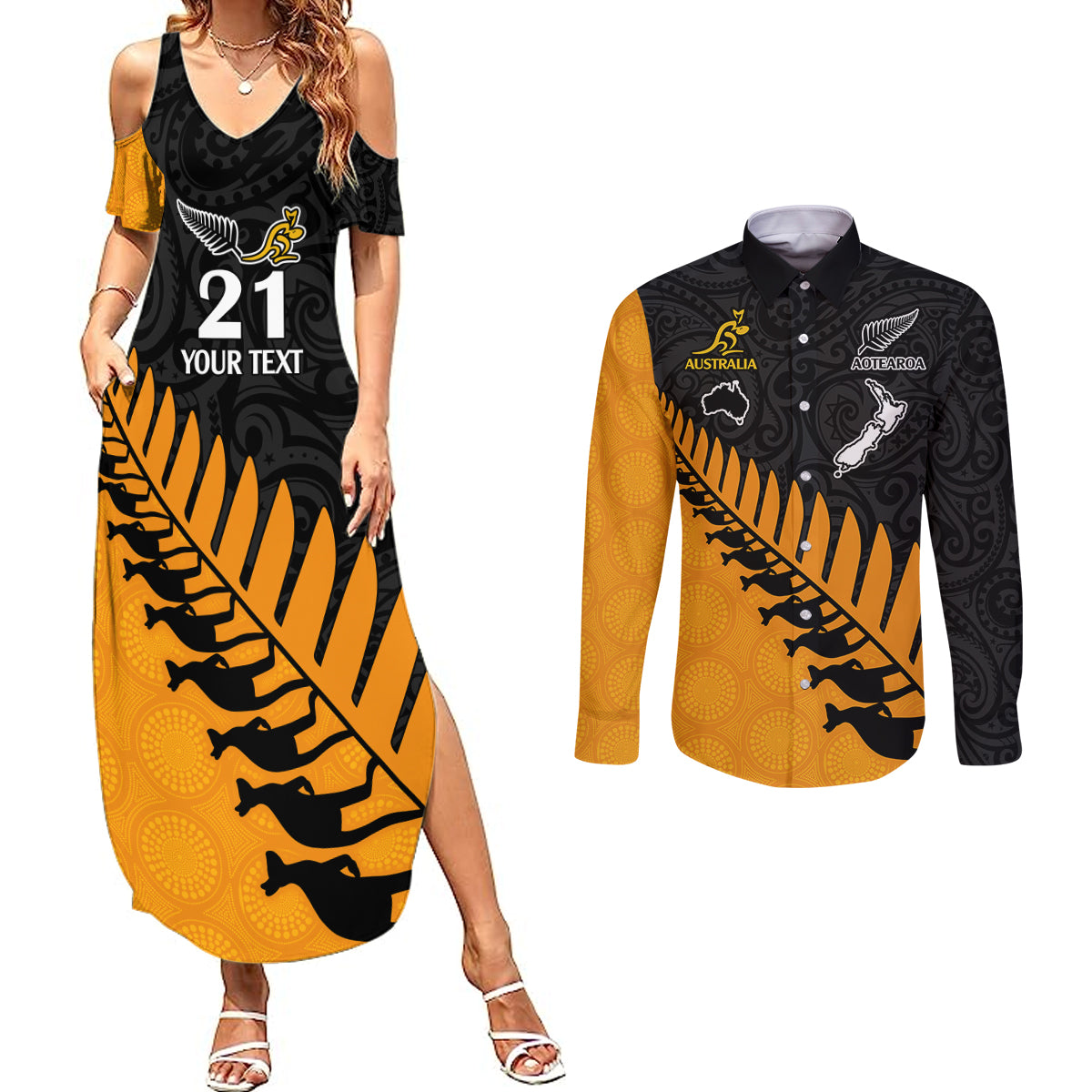 Custom Australia Wallabies and Aotearoa Rugby Couples Matching Summer Maxi Dress and Long Sleeve Button Shirts Kangaroo Black Fern Maori Gold Vibe LT9 Gold - Polynesian Pride