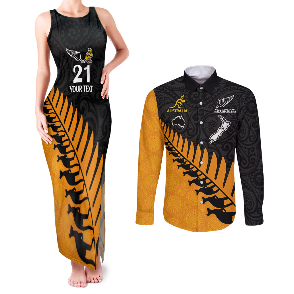 Custom Australia Wallabies and Aotearoa Rugby Couples Matching Tank Maxi Dress and Long Sleeve Button Shirts Kangaroo Black Fern Maori Gold Vibe LT9 Gold - Polynesian Pride