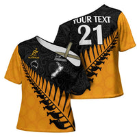 Australia New Zealand Rugby Cross Shoulder Shirt Gold Aboriginal Wallabies and Maori Black Fern - Polynesian Pride