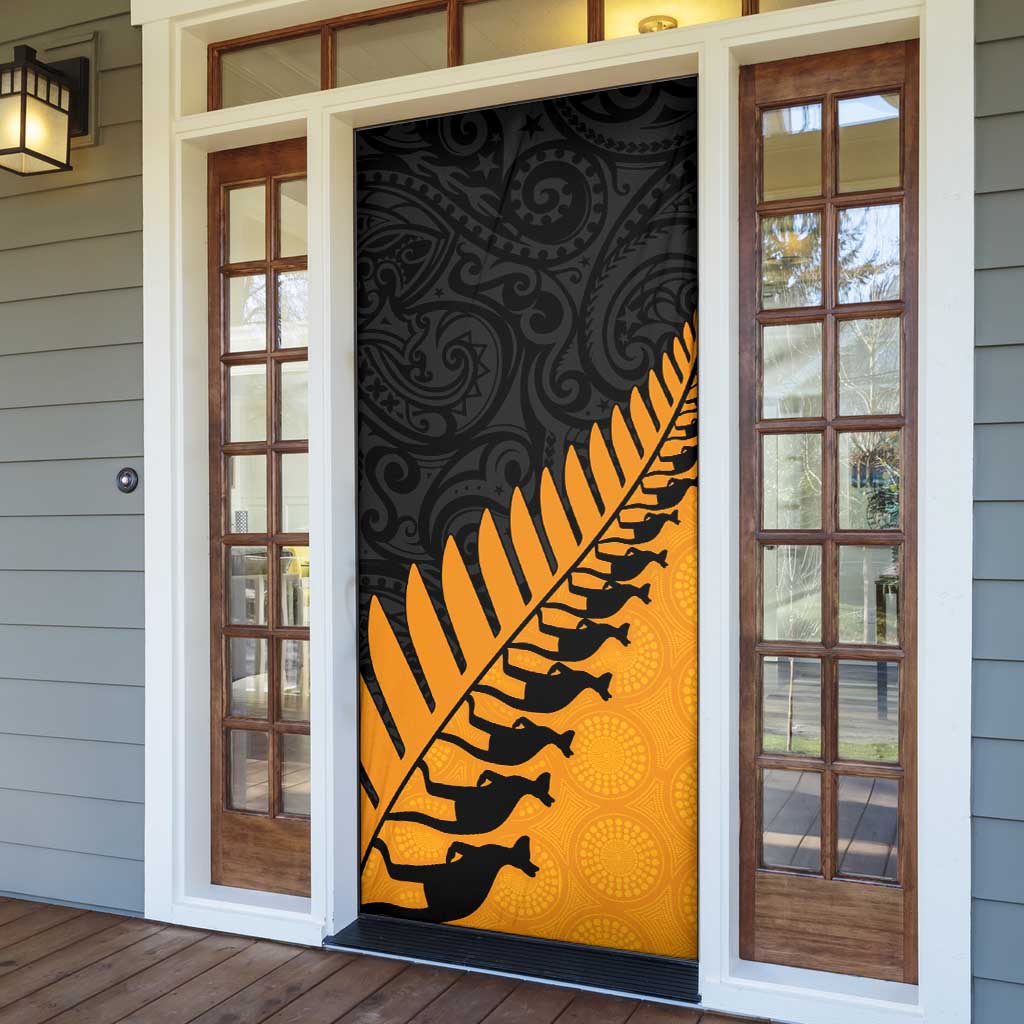 Australia New Zealand Rugby Door Cover Gold Aboriginal Wallabies and Maori Black Fern - Polynesian Pride