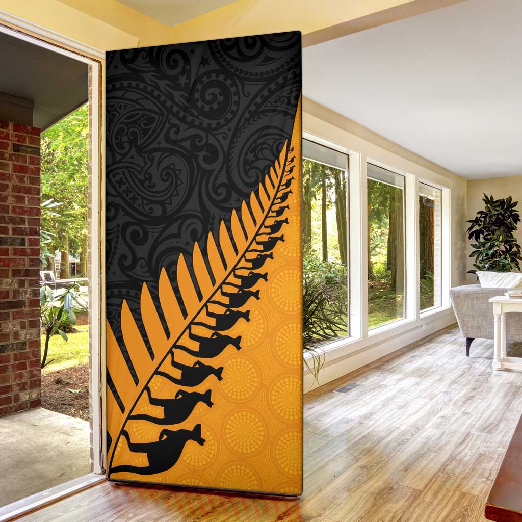 Australia New Zealand Rugby Door Cover Gold Aboriginal Wallabies and Maori Black Fern - Polynesian Pride