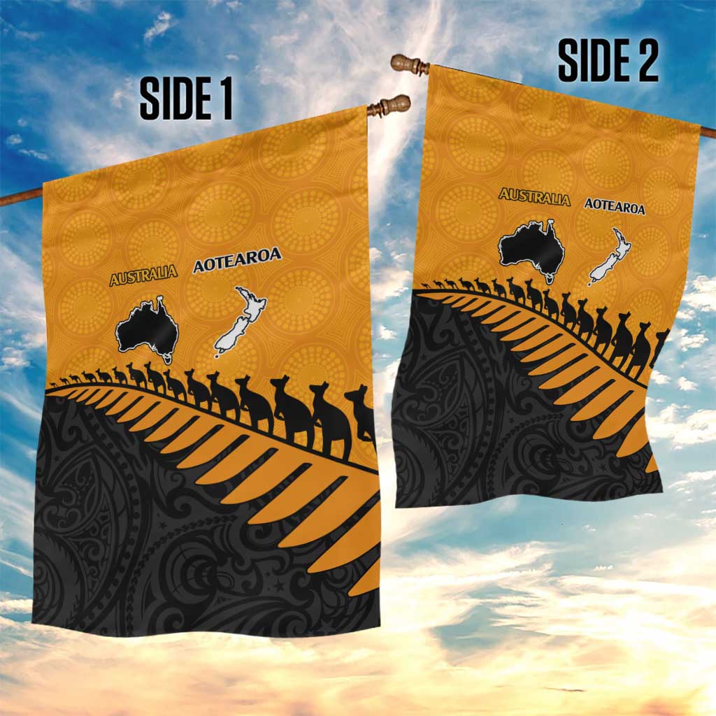 Australia New Zealand Rugby Garden Flag Gold Aboriginal Wallabies and Maori Black Fern - Polynesian Pride