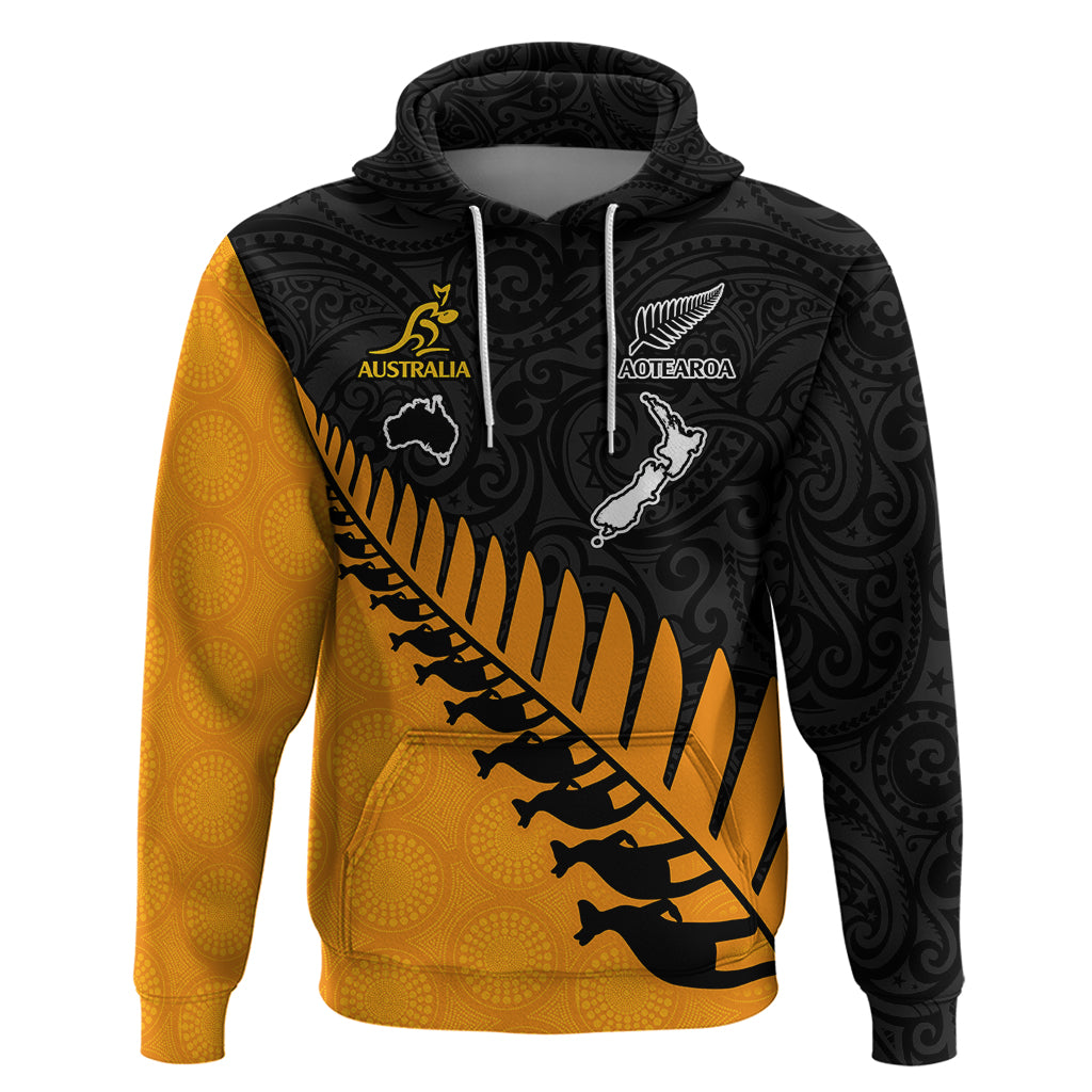 Custom Australia Wallabies and Aotearoa Rugby Hoodie Kangaroo Black Fern Maori Gold Vibe LT9 Pullover Hoodie Gold - Polynesian Pride