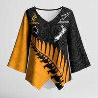 Australia New Zealand Rugby Kimono Sleeve Blouse Gold Aboriginal Wallabies and Maori Black Fern - Polynesian Pride