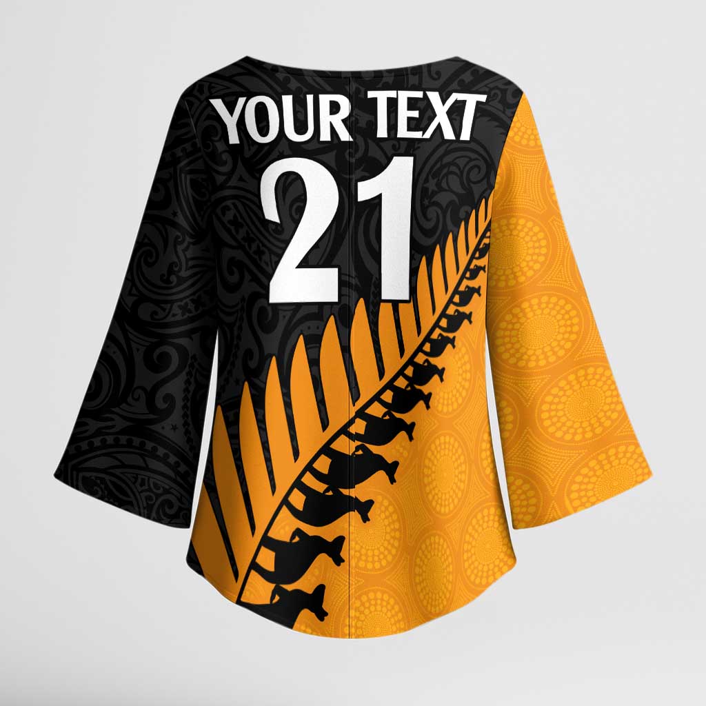 Australia New Zealand Rugby Kimono Sleeve Blouse Gold Aboriginal Wallabies and Maori Black Fern - Polynesian Pride