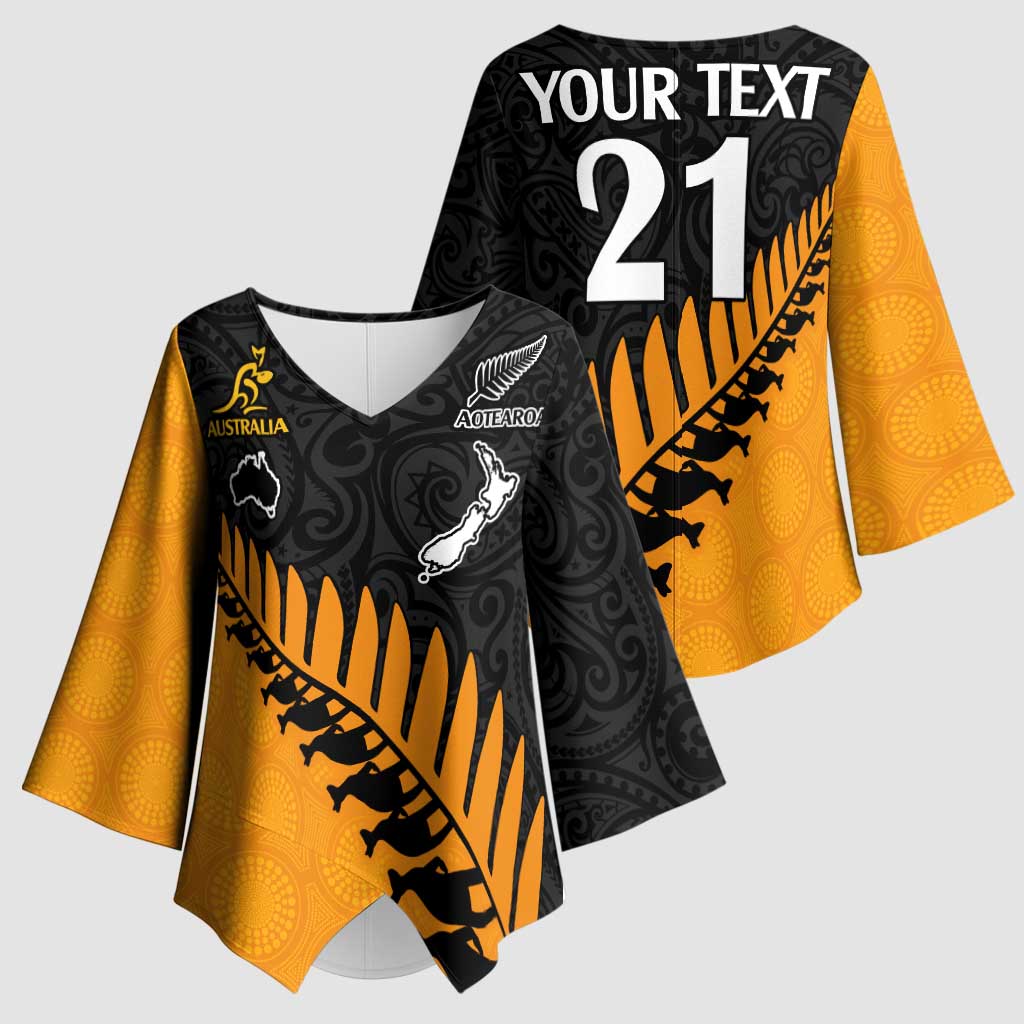 Australia New Zealand Rugby Kimono Sleeve Blouse Gold Aboriginal Wallabies and Maori Black Fern - Polynesian Pride