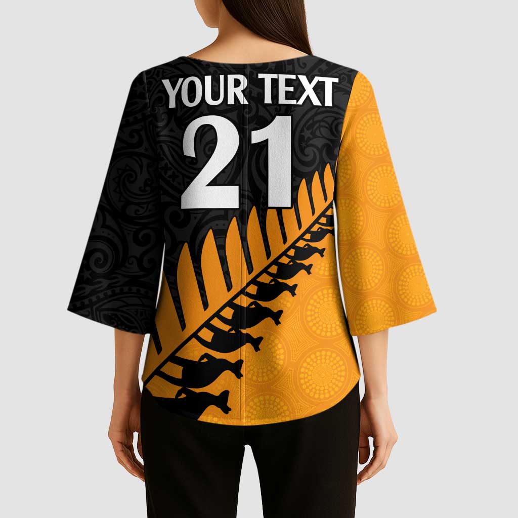 Australia New Zealand Rugby Kimono Sleeve Blouse Gold Aboriginal Wallabies and Maori Black Fern - Polynesian Pride