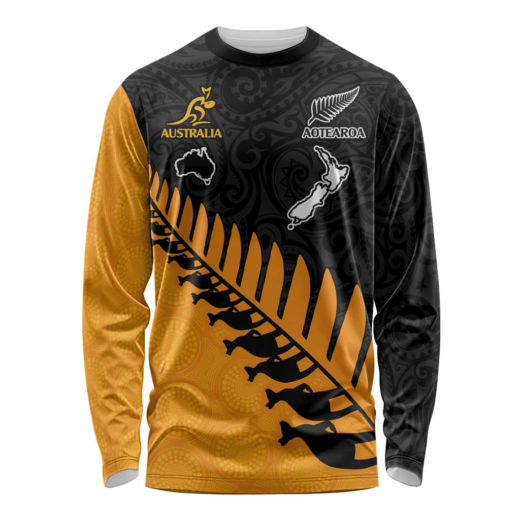 Custom Australia Wallabies and Aotearoa Rugby Long Sleeve Shirt Kangaroo Black Fern Maori Gold Vibe LT9