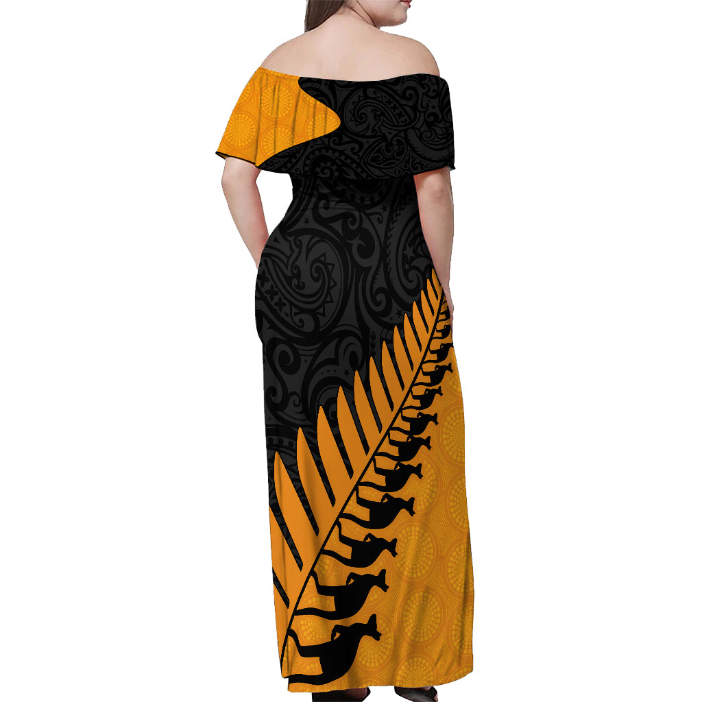 Custom Australia Wallabies and Aotearoa Rugby Off Shoulder Maxi Dress Kangaroo Black Fern Maori Gold Vibe LT9 - Polynesian Pride