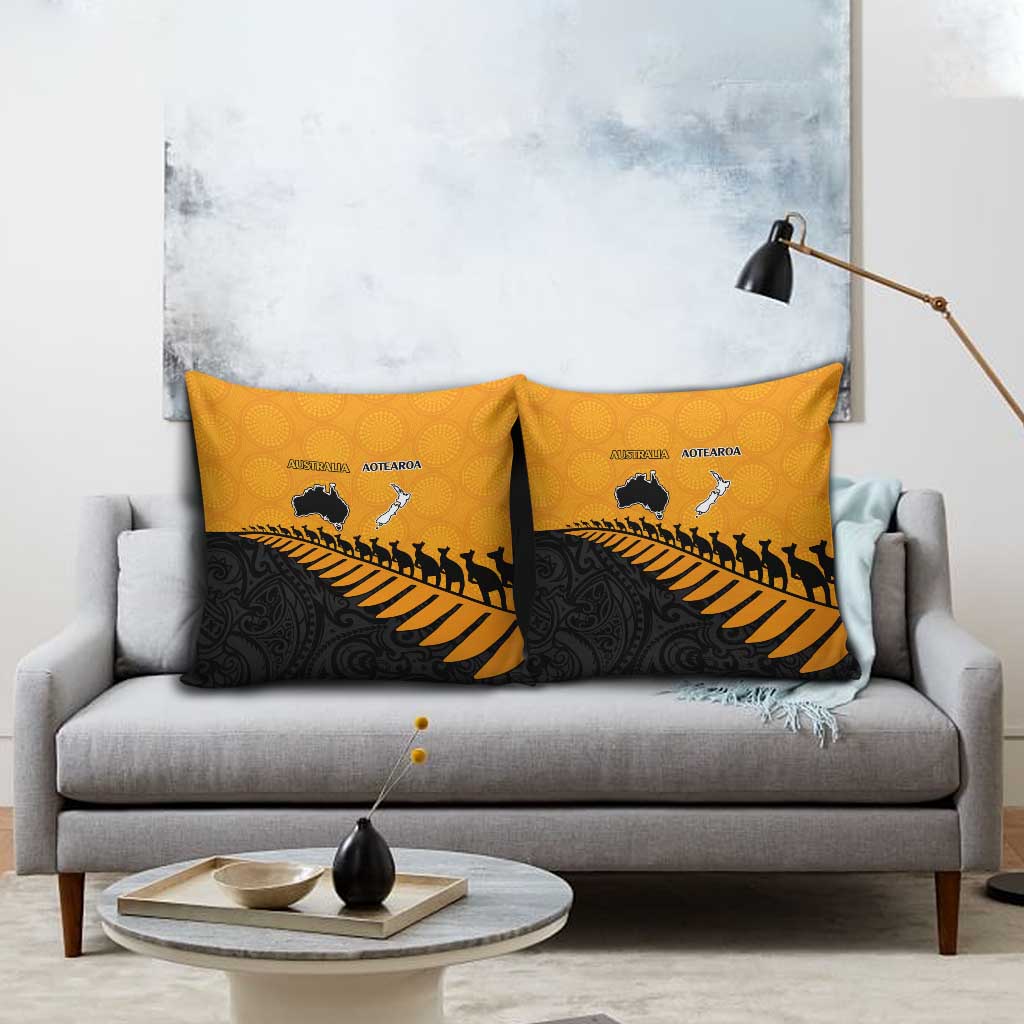 Australia New Zealand Rugby Pillow Cover Gold Aboriginal Wallabies and Maori Black Fern - Polynesian Pride
