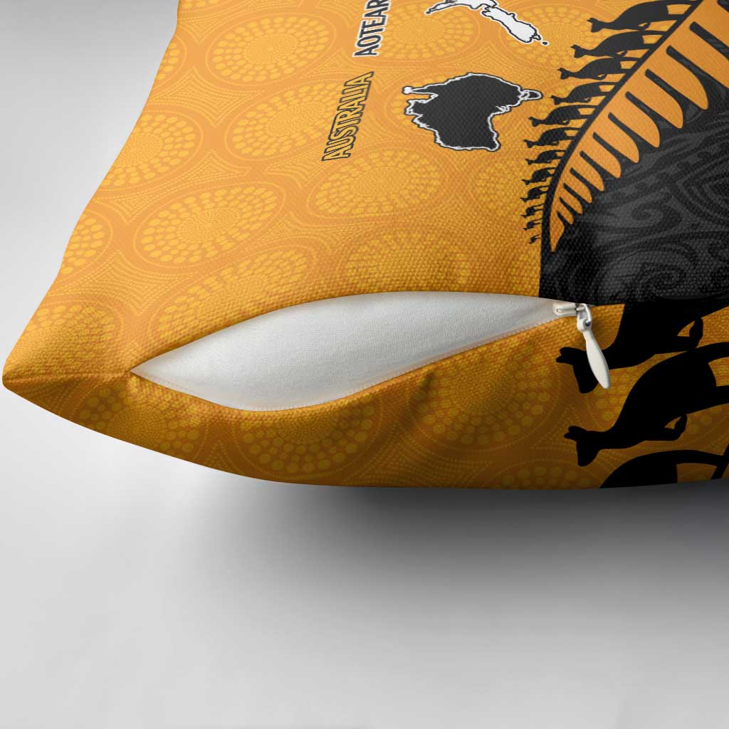 Australia New Zealand Rugby Pillow Cover Gold Aboriginal Wallabies and Maori Black Fern - Polynesian Pride