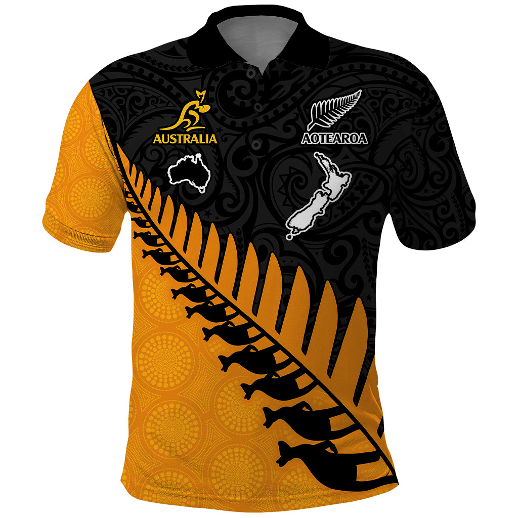 Custom Australia New Zealand Rugby Polo Shirt Aboriginal Wallabies and Maori Black Fern Gold Vibe LT9 Gold - Polynesian Pride