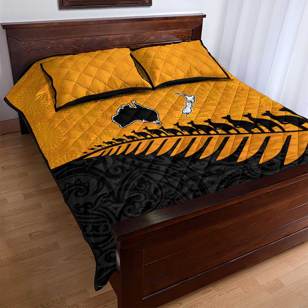 Australia New Zealand Rugby Quilt Bed Set Gold Aboriginal Wallabies and Maori Black Fern - Polynesian Pride