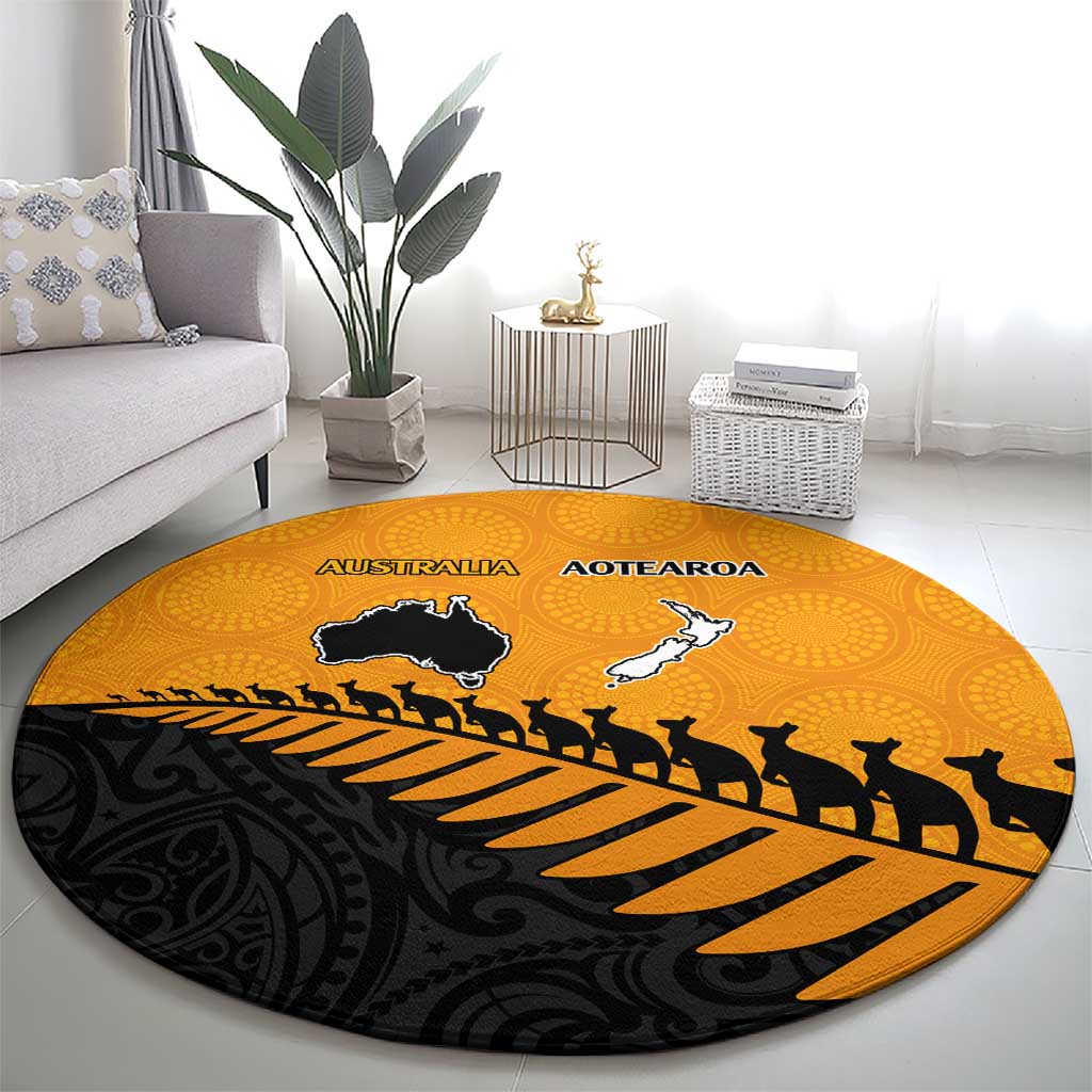 Australia New Zealand Rugby Round Carpet Gold Aboriginal Wallabies and Maori Black Fern - Polynesian Pride