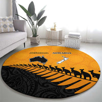 Australia New Zealand Rugby Round Carpet Gold Aboriginal Wallabies and Maori Black Fern - Polynesian Pride