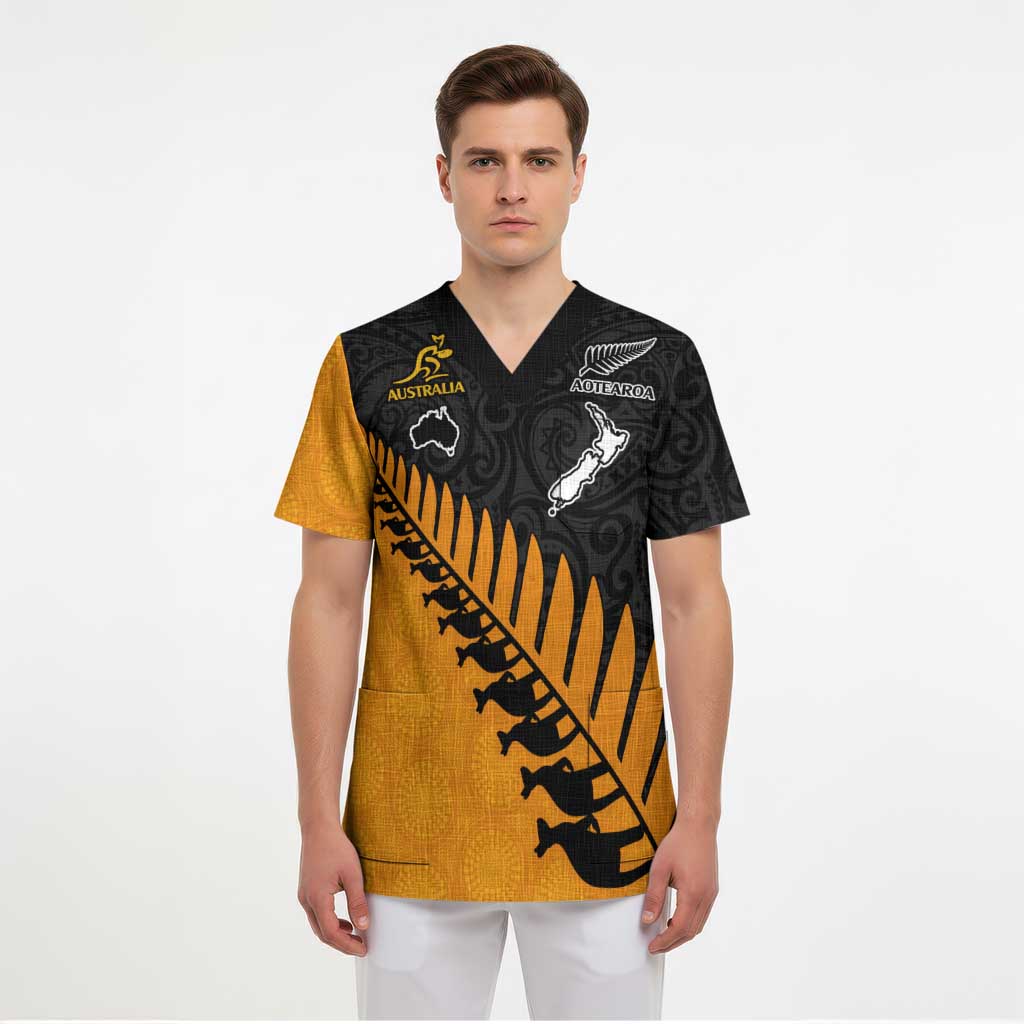 Australia New Zealand Rugby Scrub Top Gold Aboriginal Wallabies and Maori Black Fern - Polynesian Pride