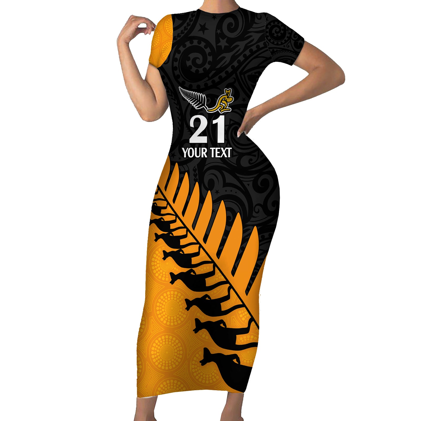 Custom Australia Wallabies and Aotearoa Rugby Short Sleeve Bodycon Dress Kangaroo Black Fern Maori Gold Vibe LT9 Long Dress Gold - Polynesian Pride