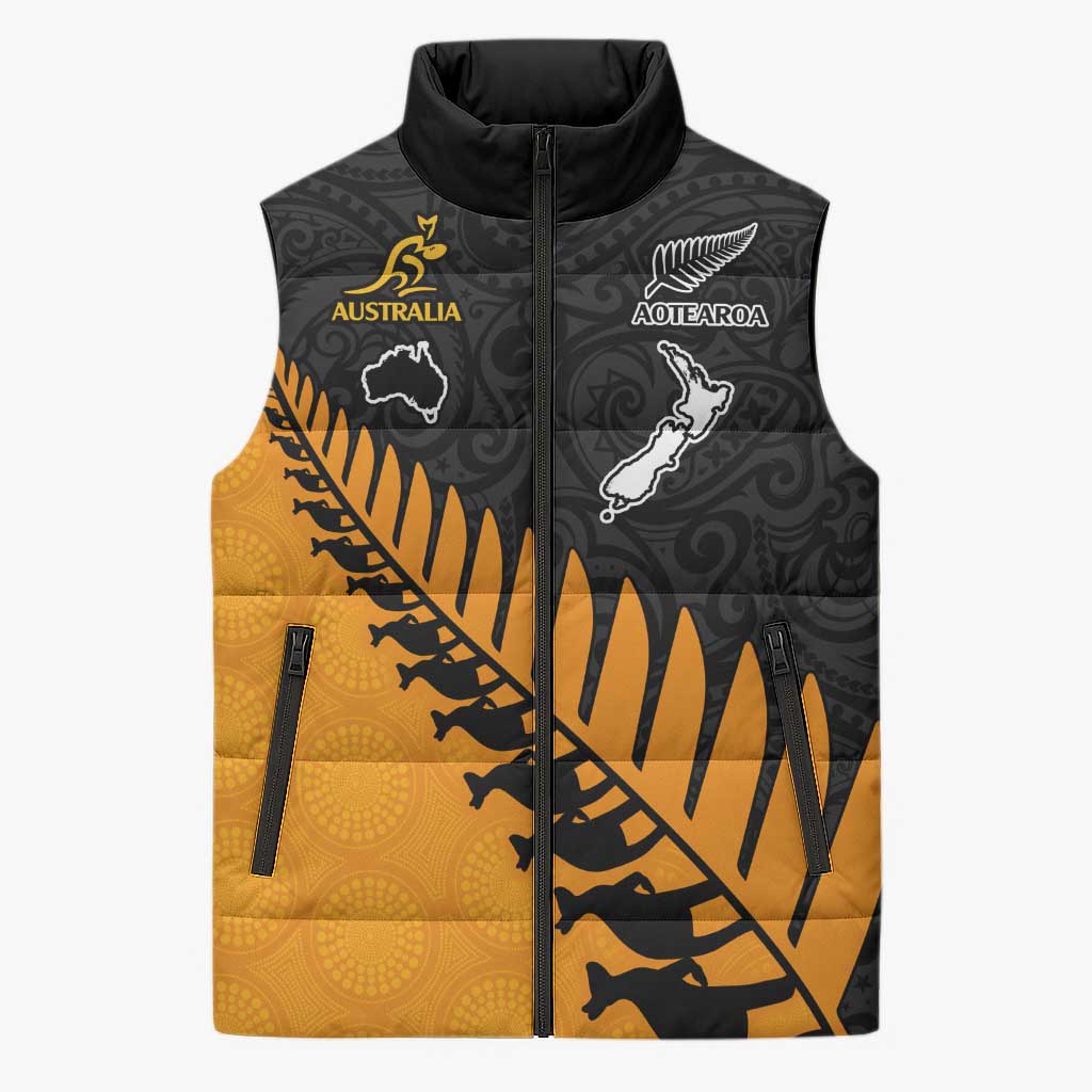 Australia New Zealand Rugby Sleeveless Puffer Jacket Gold Aboriginal Wallabies and Maori Black Fern - Polynesian Pride