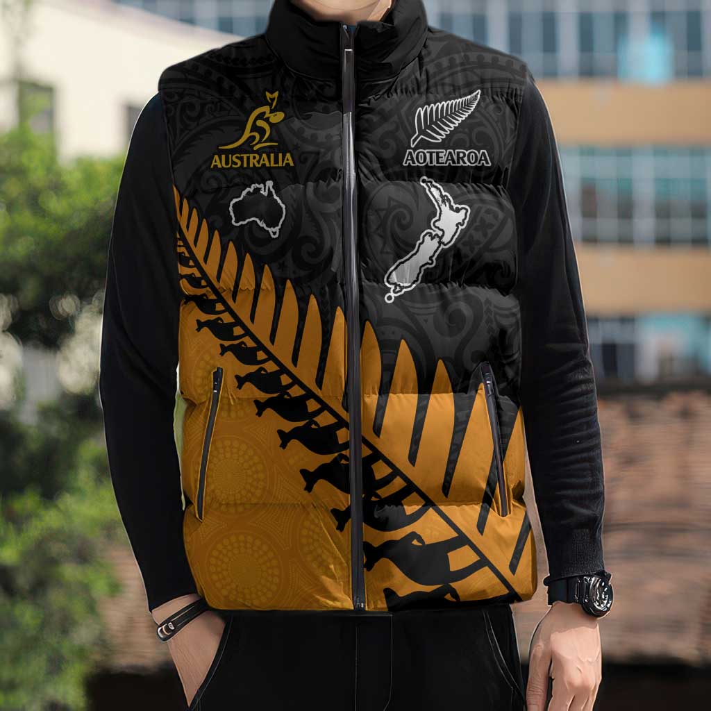 Australia New Zealand Rugby Sleeveless Puffer Jacket Gold Aboriginal Wallabies and Maori Black Fern - Polynesian Pride