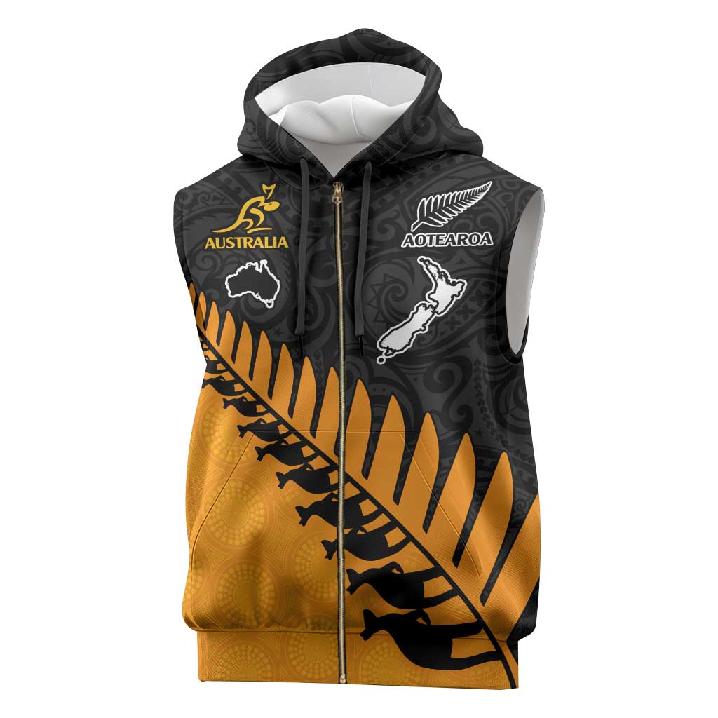 Australia New Zealand Rugby Sleeveless Zip Hoodie Gold Aboriginal Wallabies and Maori Black Fern - Polynesian Pride