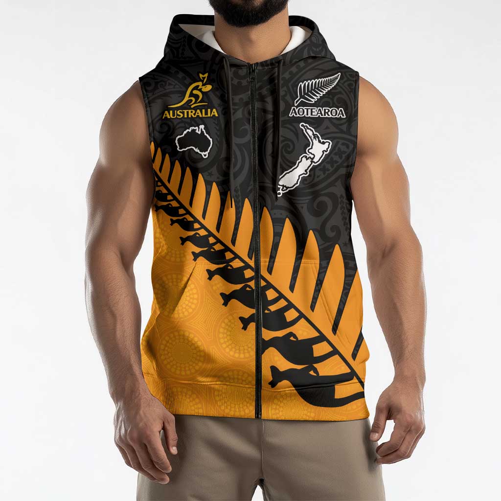 Australia New Zealand Rugby Custom Sleeveless Zip Hoodie Gold Aboriginal Wallabies and Maori Black Fern LT9 - Polynesian Pride