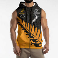 Australia New Zealand Rugby Custom Sleeveless Zip Hoodie Gold Aboriginal Wallabies and Maori Black Fern LT9 - Polynesian Pride