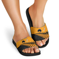 Australia New Zealand Rugby Slide Sandals Gold Aboriginal Wallabies and Maori Black Fern - Polynesian Pride