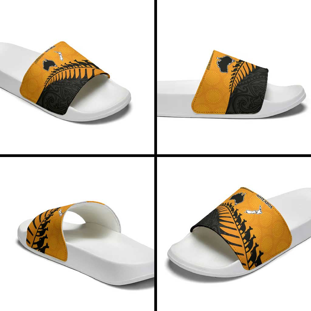 Australia New Zealand Rugby Slide Sandals Gold Aboriginal Wallabies and Maori Black Fern - Polynesian Pride