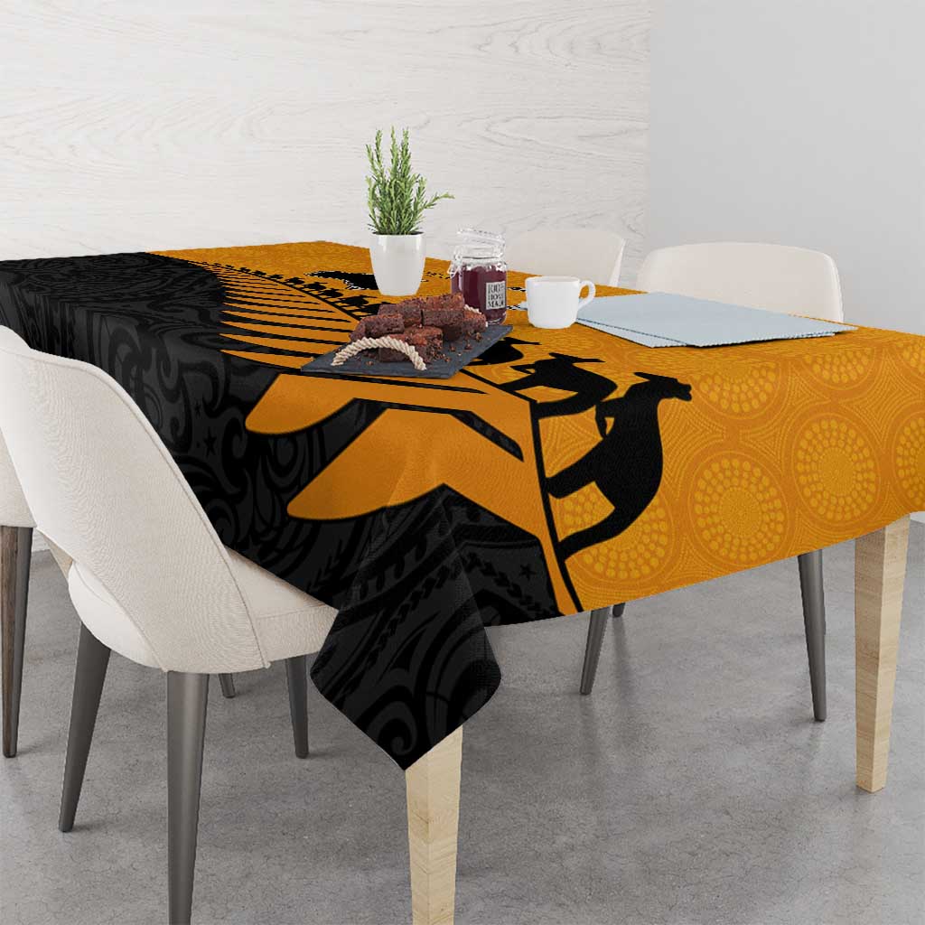 Australia New Zealand Rugby Tablecloth Gold Aboriginal Wallabies and Maori Black Fern - Polynesian Pride